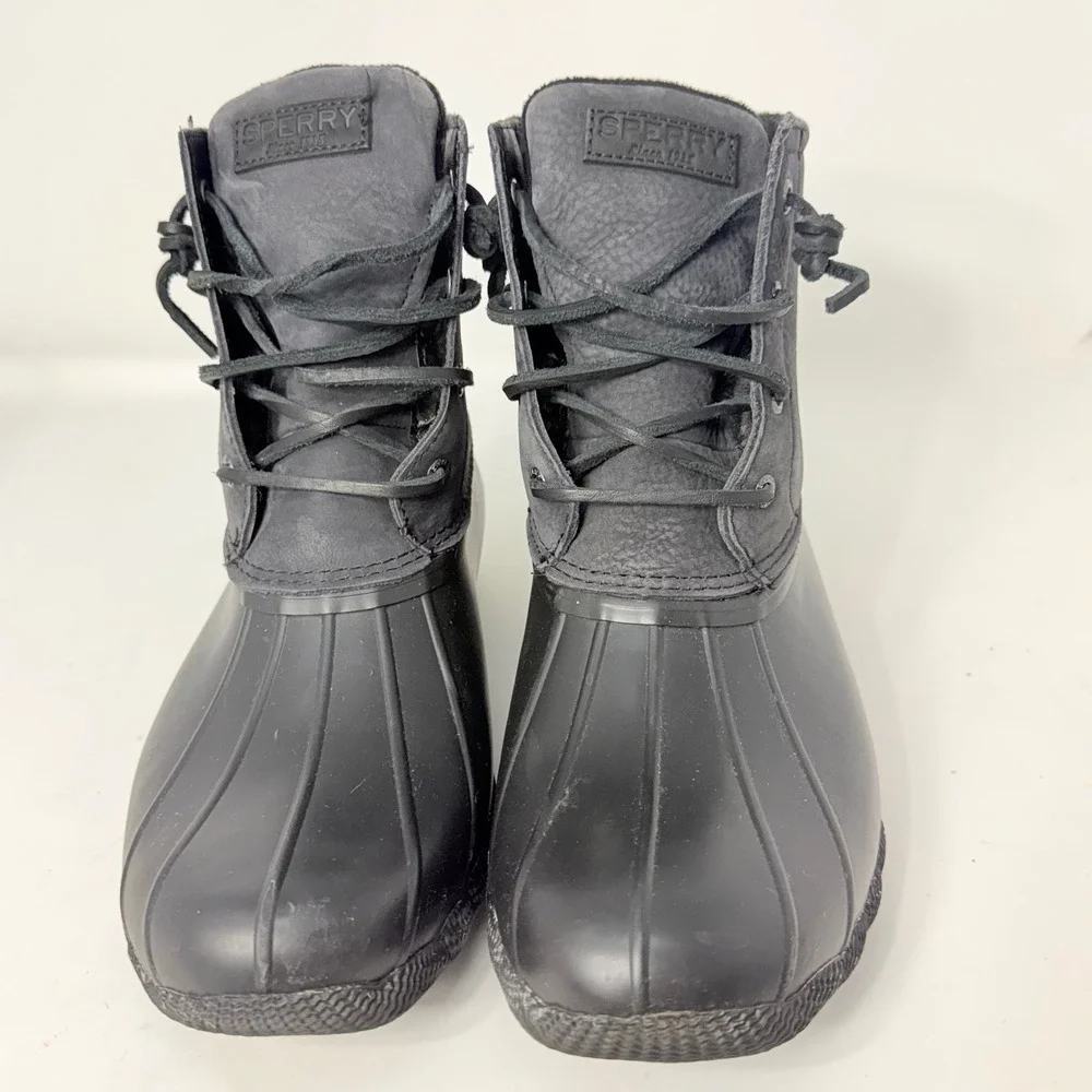 Sperry Saltwater Womens Black Leather Rubber Duck Boots STS88108 Size 11